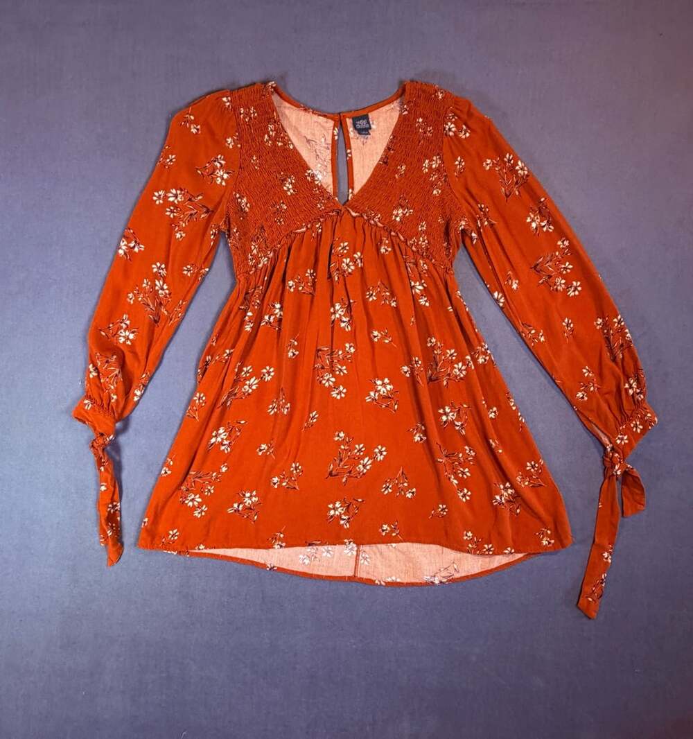 Floral Babydoll boho Dress Size S Rust Orange Long Sleeve